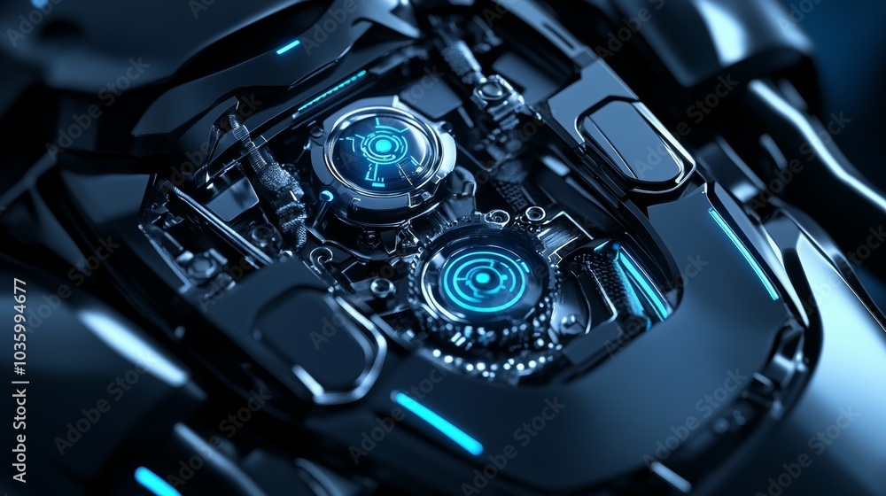 Futuristic Engine Design with Glowing Blue Accents in Cyberpunk Style Futuristic Engine Design with Glowing Blue Accents in Cyberpunk Style