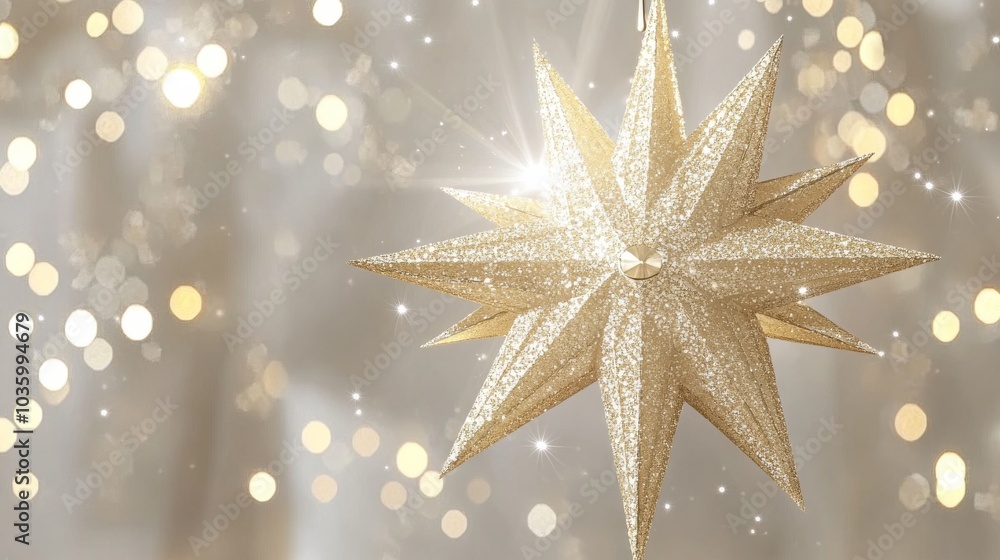 A gold star with glitter on it is hanging from a light A gold star with glitter on it is hanging from a light