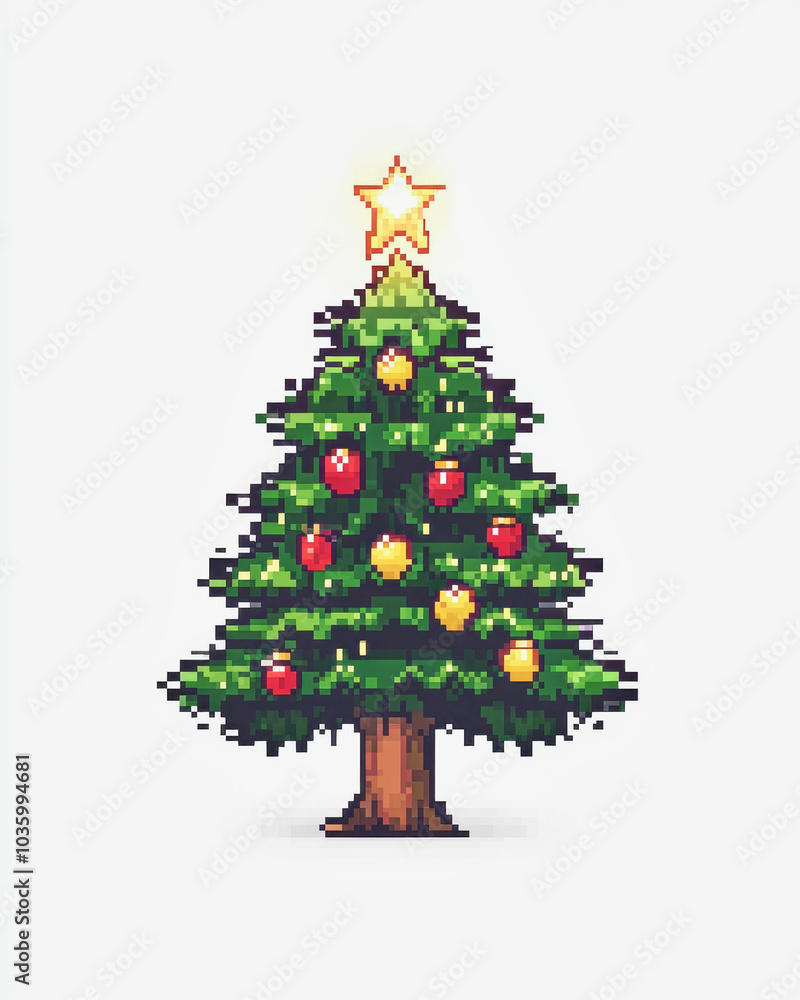 Pixel art Christmas tree icon with glowing star decoration on white background in retro video game style Pixel art Christmas tree icon with glowing star decoration on white background in retro video game style