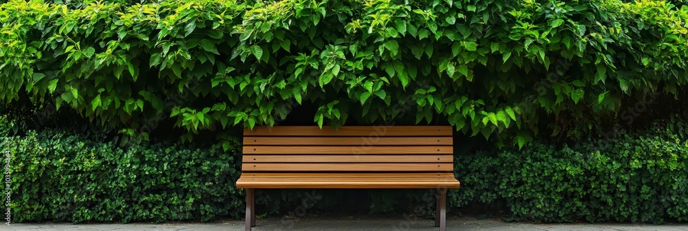 A wooden bench rests on a sidewalk, surrounded by vibrant green foliage, offering a peaceful escape in nature. A wooden bench rests on a sidewalk, surrounded by vibrant green foliage, offering a peaceful escape in nature.