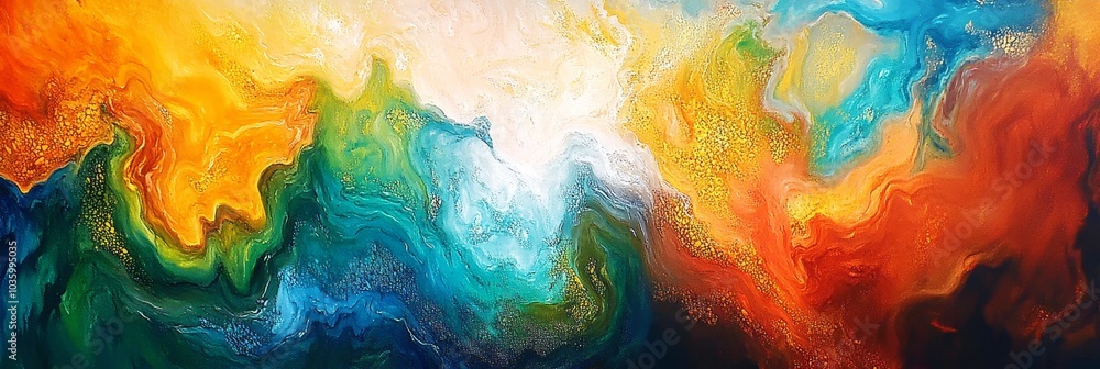 Abstract Art with Vibrant Colors and Layers, a mesmerizing blend of orange, green, blue, and white representing energy, nature, water, and light. Abstract Art with Vibrant Colors and Layers, a mesmerizing blend of orange, green, blue, and white representing energy, nature, water, and light.