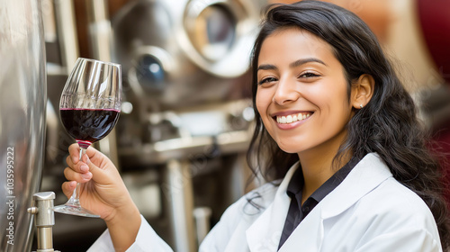 Smiling woman winemaker holding glass of red wine, professional in winery, wine industry concept photo