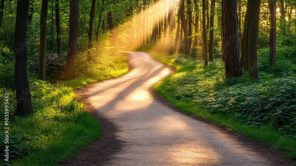 Fototapeta premium Sunbeams Through Trees on a Forest Path