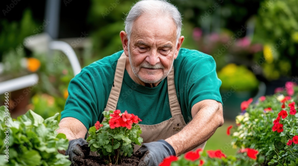 Elderly man gardening with vibrant red flowers in a lush, green garden, AI Elderly man gardening with vibrant red flowers in a lush, green garden, AI