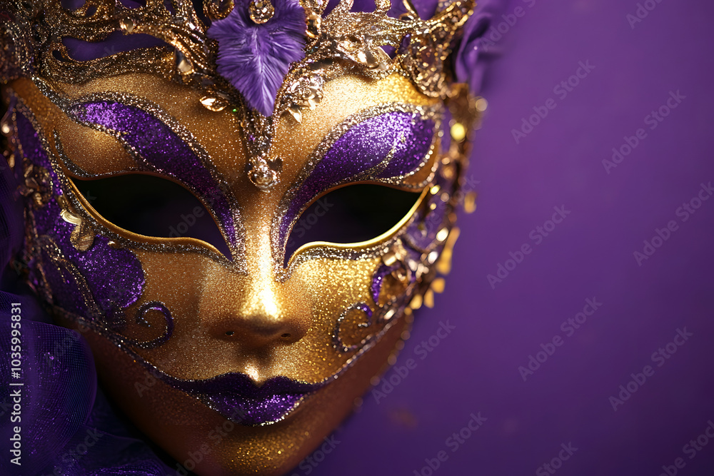 A close-up of a golden and purple masquerade mask against a purple background, embodying elegance and festivity. A close-up of a golden and purple masquerade mask against a purple background, embodying elegance and festivity.