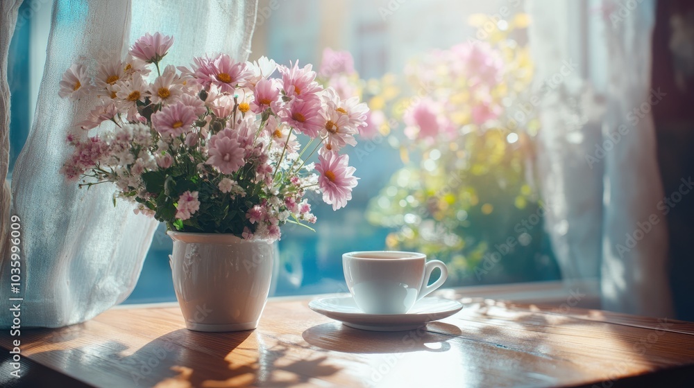 Fototapeta premium Cozy Morning with Flowers and Coffee by the Window