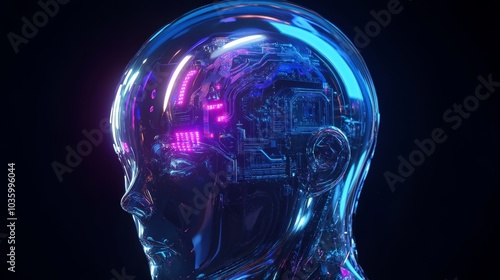 Futuristic Cybernetic Head with Neon Circuitry in Dark Atmosphere