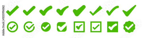 Green checkmark symbols. Check mark icons. Right, correct vote choise. Buttons for apps and websites. Vector isolated on white background