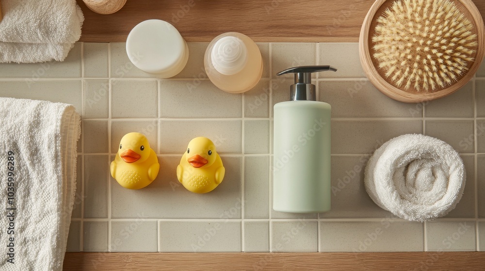 A table with tiles shows bath time supplies for babies: shampoo, shower gel, rubber duck toys, and a towel. A table with tiles shows bath time supplies for babies: shampoo, shower gel, rubber duck toys, and a towel.