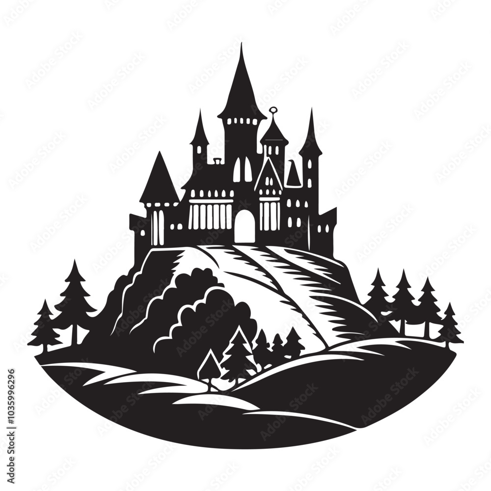 Wind Castle on a hill silhouette vector  black color white background