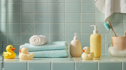 A table with tiles shows bath time supplies for babies: shampoo, shower gel, rubber duck toys, and a towel.