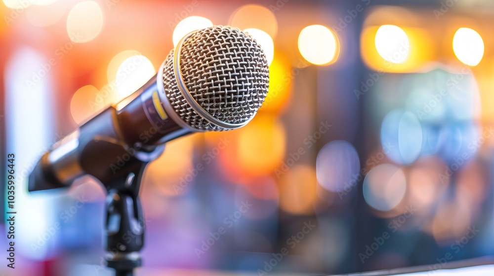 Close-up of microphone on stand in soundproof recording studio, positioned in front of script stand, symbolizing voice acting and audio production. Close-up of microphone on stand in soundproof recording studio, positioned in front of script stand, symbolizing voice acting and audio production.