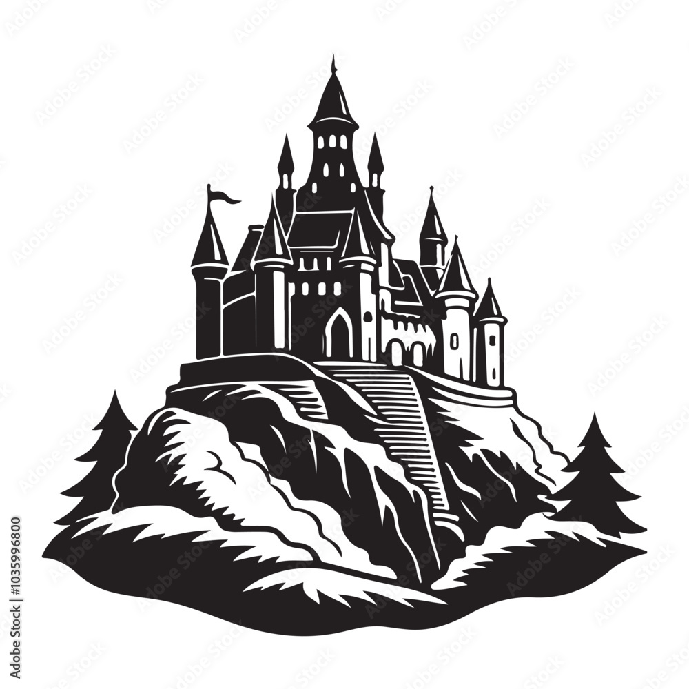 Fototapeta premium Wind Castle on a hill silhouette vector black color white background