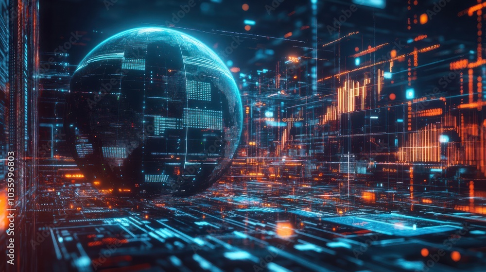 custom made wallpaper toronto digitalA digital representation of the Earth surrounded by data visuals and graphs in a futuristic financial setting at night