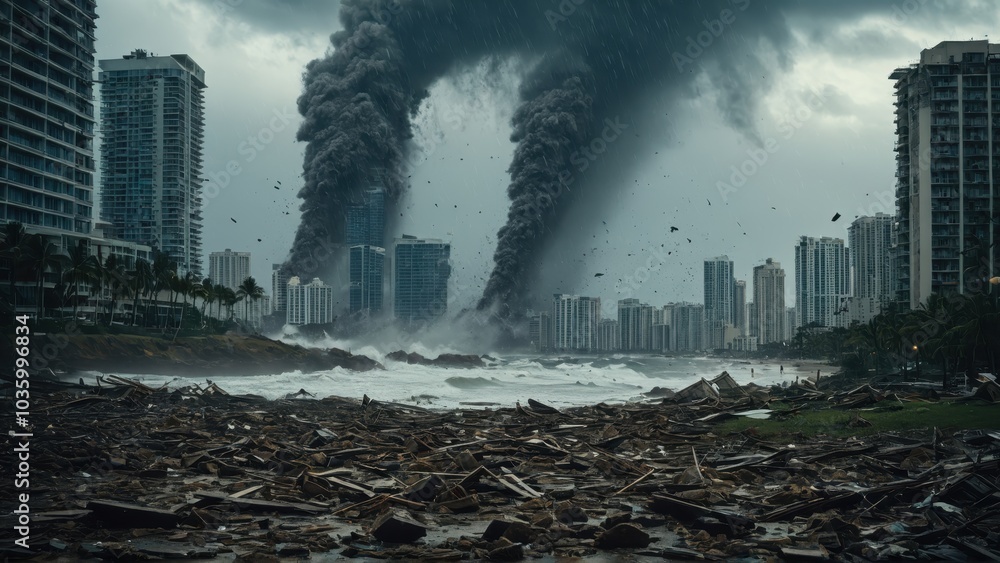 Obraz premium Huge waves from storm devastate beachfront skyscrapers, illustrating coastal building destruction