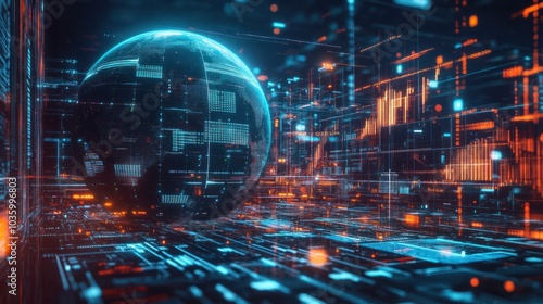 Wallpaper Mural A digital representation of the Earth surrounded by data visuals and graphs in a futuristic financial setting at night Torontodigital.ca