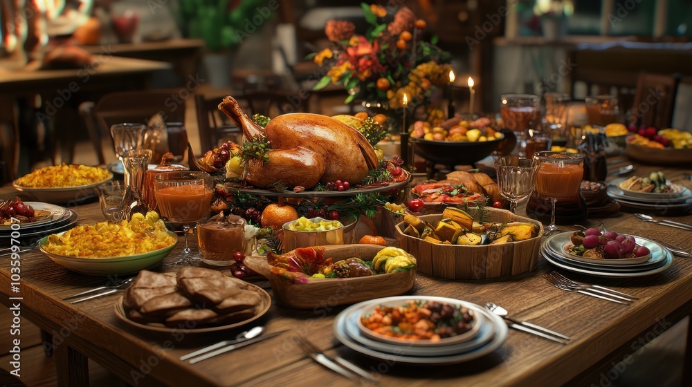 A festive table for the whole family with many dishes. Celebrating Thanksgiving Day. Generated by artificial intelligence A festive table for the whole family with many dishes. Celebrating Thanksgiving Day. Generated by artificial intelligence