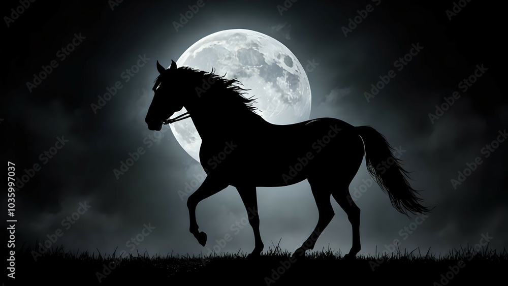 A horse silhouetted against a full moon. A horse silhouetted against a full moon.