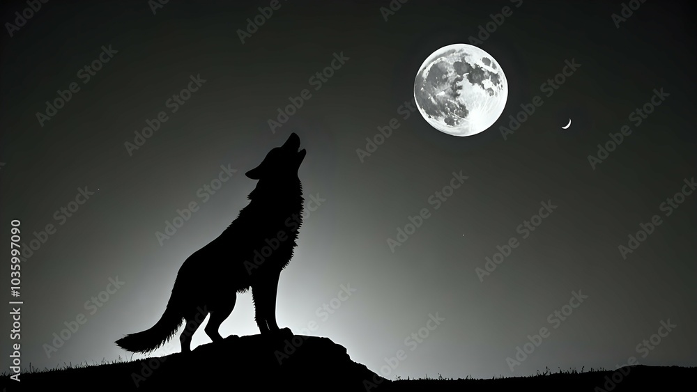 A wolf silhouette howls at a full moon in the night sky. A wolf silhouette howls at a full moon in the night sky.