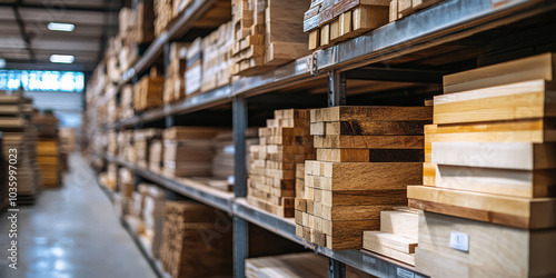 Stacks of wooden planks are neatly arranged on shelves in spacious warehouse, showcasing variety of building materials. well organized setting highlights diversity of wood types available