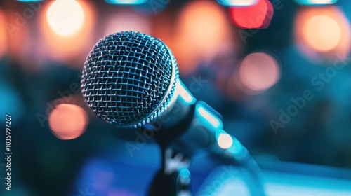 Close-up of microphone on stand in soundproof recording studio, positioned in front of script stand, symbolizing voice acting and audio production.