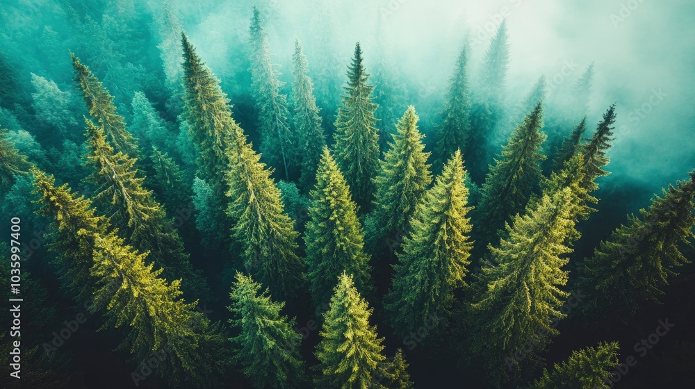 Fototapeta premium Aerial View of Misty Evergreen Forest