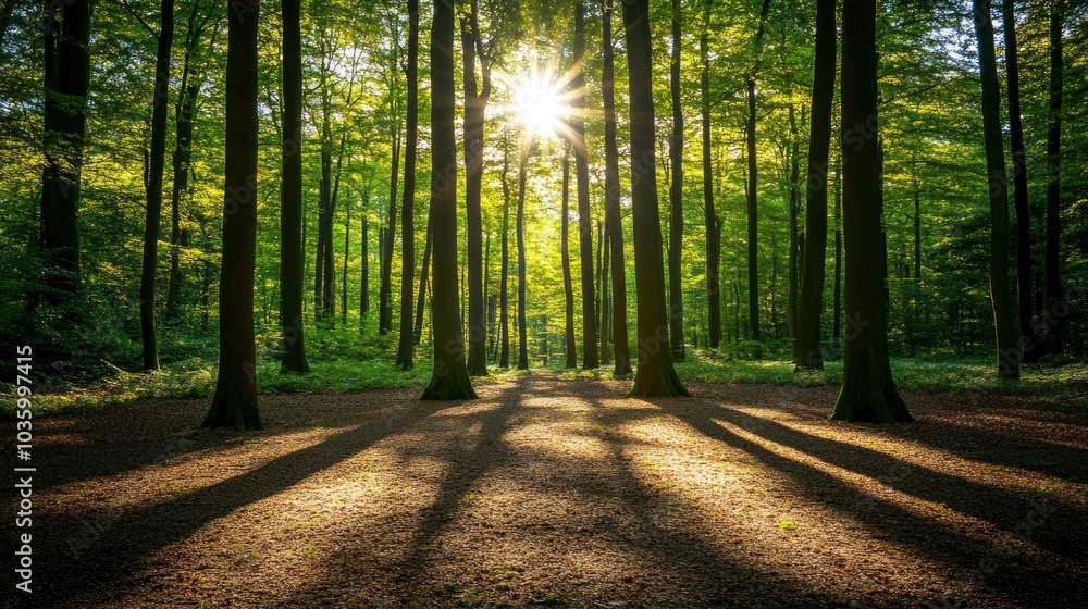 Fototapeta premium Sunbeams Through the Trees in a Forest