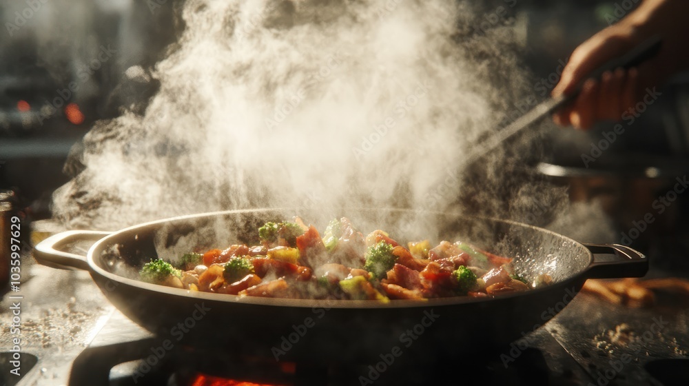 A man is cooking food in a pan with a lot of steam coming out of it. The food is a stir fry with vegetables and meat A man is cooking food in a pan with a lot of steam coming out of it. The food is a stir fry with vegetables and meat