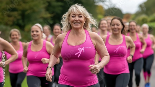 Women in pink tank tops run together, promoting breast cancer awareness, AI