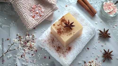 Handmade soap with cinnamon and star anise on a white background