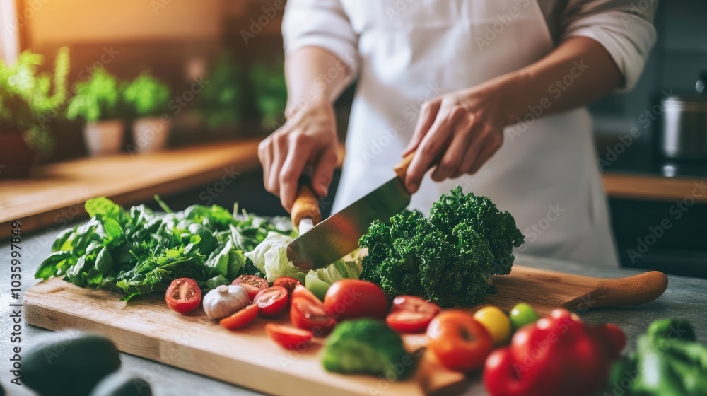 A person preparing fresh vegetables on a wooden cutting board in a bright kitchen. Healthy cooking concept. healthy diet and daily habits concept.