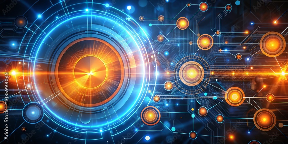 Digital Network Orange and Blue Glowing Circles and Lines on Dark Background, Technology, Circuitry, Futuristic Digital Network Orange and Blue Glowing Circles and Lines on Dark Background, Technology, Circuitry, Futuristic