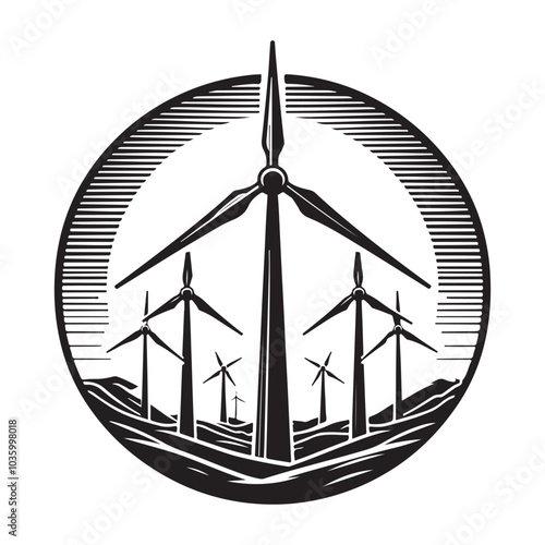  Wind turbine  silhouette vector  linner art black color white background 