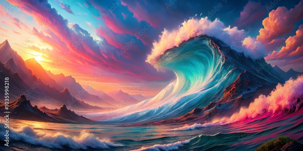 Digital Painting of a Giant Wave Crashing in a Sunset, Mountain Landscape, Ocean, Sunset, Waves Digital Painting of a Giant Wave Crashing in a Sunset, Mountain Landscape, Ocean, Sunset, Waves