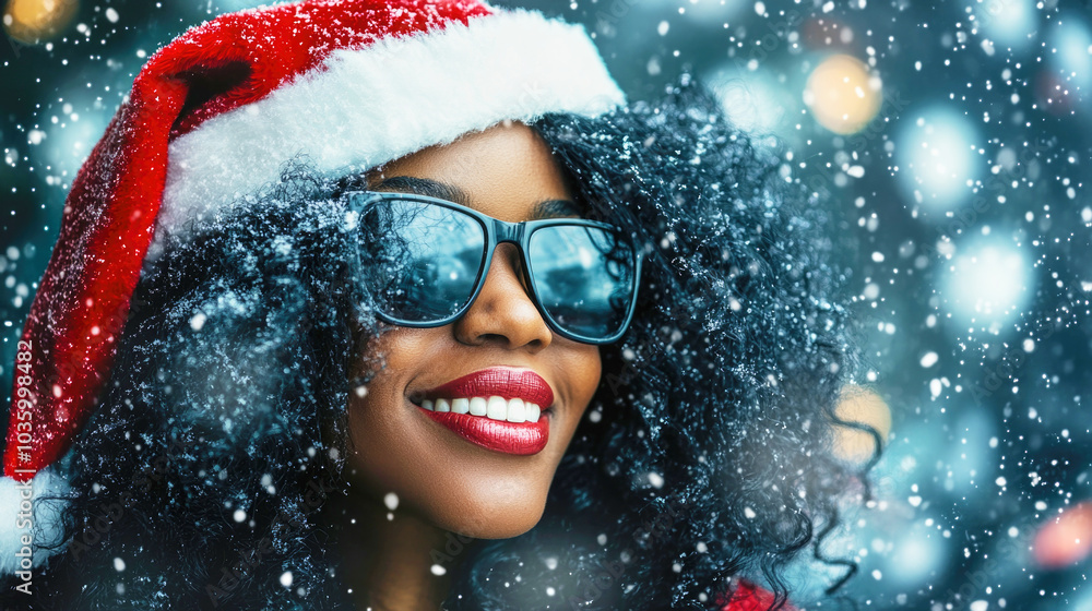 Happy Black woman in sunglasses and Santa hat celebrating Christmas in a snowy setting Happy Black woman in sunglasses and Santa hat celebrating Christmas in a snowy setting