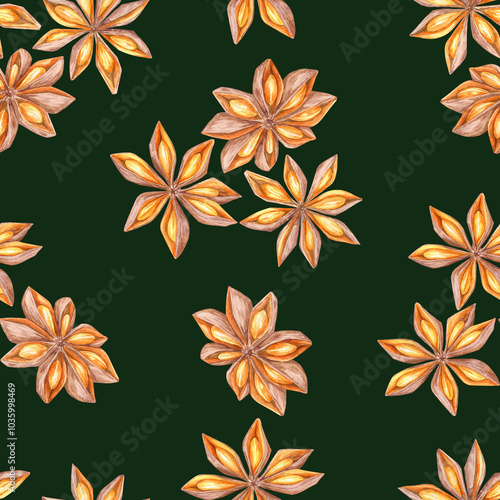 Star anise watercolor illustrations against a deep green background. Seamless pattern clipart. Ideal for textiles, seasonal wrapping paper, or culinary-themed packaging, for nature-inspired design