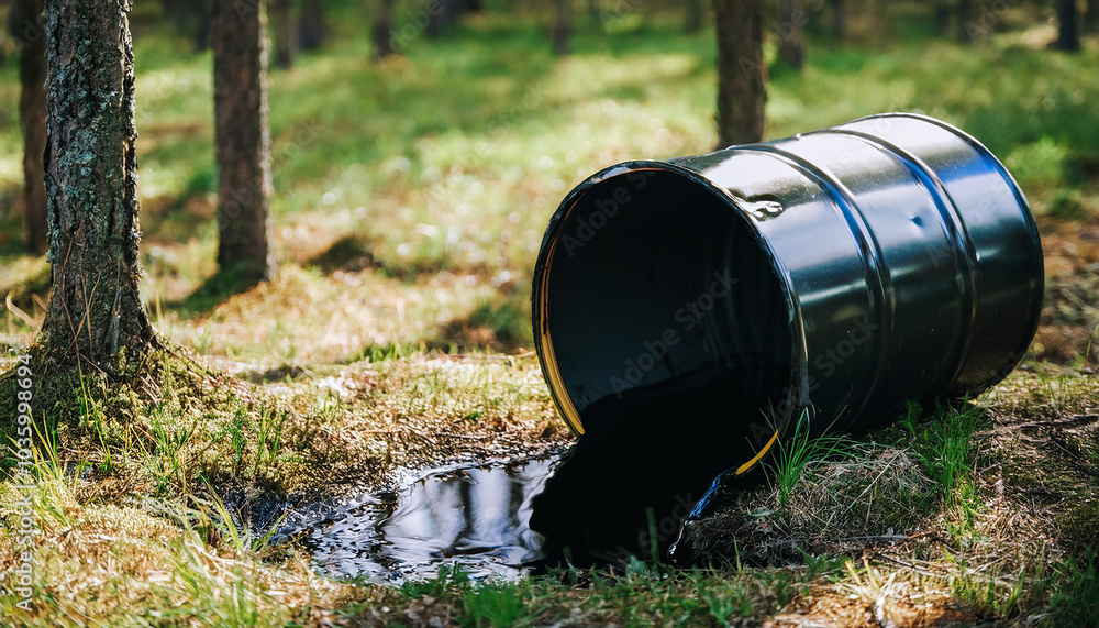 Metal barrel in woods, spilling black toxic liquid. Hazardous waste. Environmental pollution problem Metal barrel in woods, spilling black toxic liquid. Hazardous waste. Environmental pollution problem