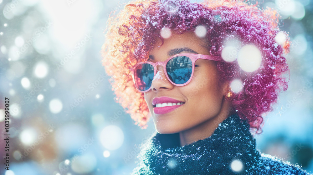 Happy dark-skinned woman with curly pink hair celebrates Christmas and New Year joyfully in a snowy setting Happy dark-skinned woman with curly pink hair celebrates Christmas and New Year joyfully in a snowy setting