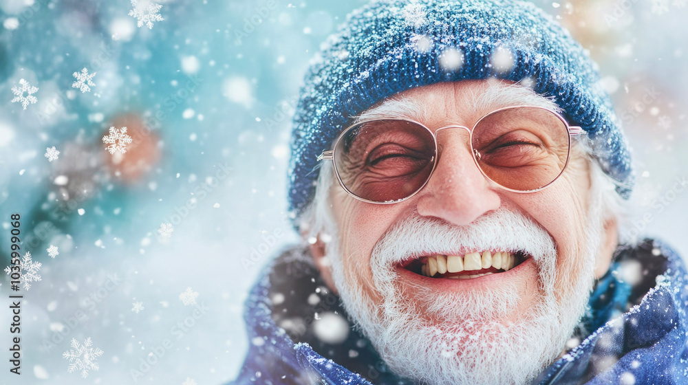 Elderly man with white hair celebrates Christmas and New Year in a snowy backdrop wearing sunglasses and a blue cap Elderly man with white hair celebrates Christmas and New Year in a snowy backdrop wearing sunglasses and a blue cap