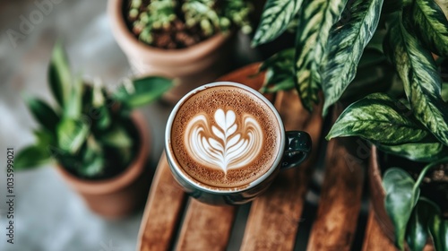 Wallpaper Mural Aesthetic Coffee with Leaf Art Surrounded by Plants Torontodigital.ca