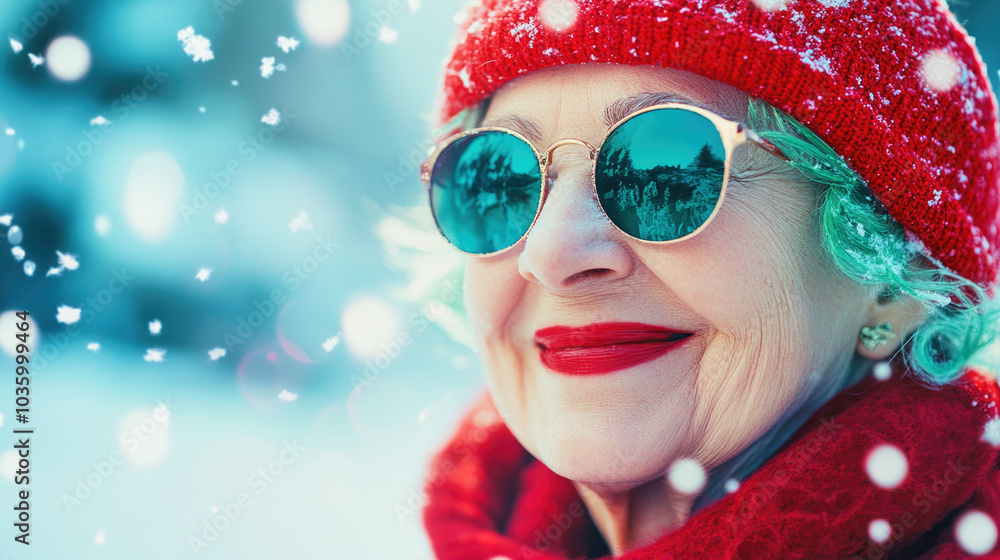 Elderly woman with green hair and sunglasses celebrates Christmas in a snowy backdrop Elderly woman with green hair and sunglasses celebrates Christmas in a snowy backdrop