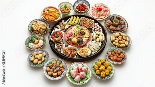 Appetizing Chinese Feast from Above on White Background in Ultra HD 8K Resolution
