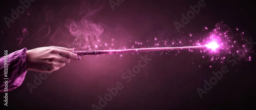 A hand holding a wand with a pinkish glow