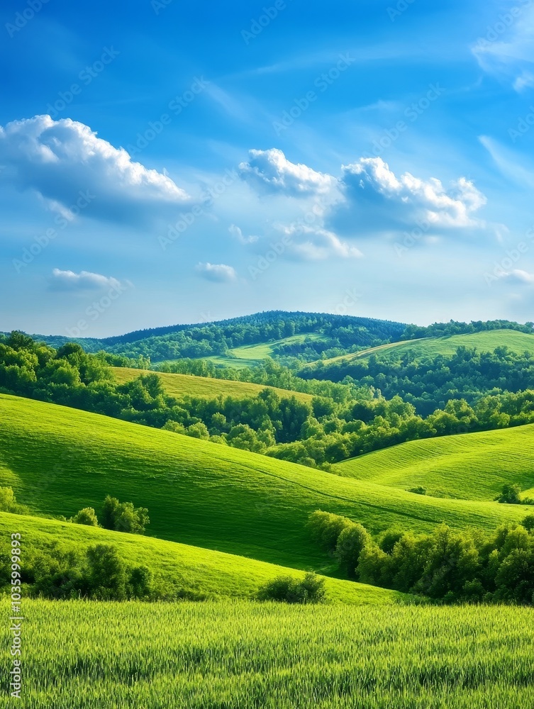 Serene rolling hills, lush green meadows, blue skies, and fluffy clouds create a picturesque summer landscape in the Ukrainian countryside. Serene rolling hills, lush green meadows, blue skies, and fluffy clouds create a picturesque summer landscape in the Ukrainian countryside.