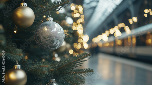 A beatifully decorated Christmas tree with golden and silver ornaments in a train station, with a train in the background photo