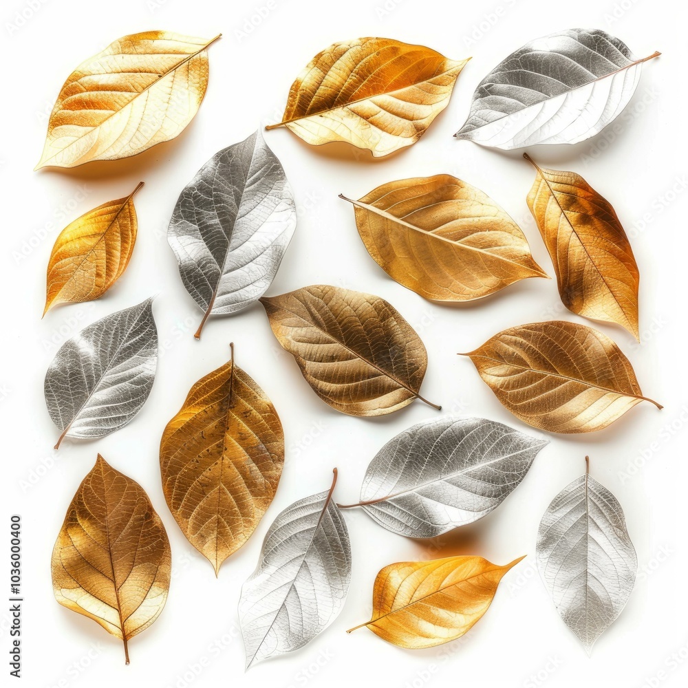 Fototapeta premium Golden and silver leaves forming a pattern on white background