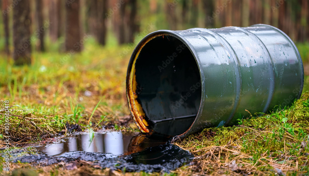 Metal barrel in woods, spilling black toxic liquid. Hazardous waste. Environmental pollution problem Metal barrel in woods, spilling black toxic liquid. Hazardous waste. Environmental pollution problem