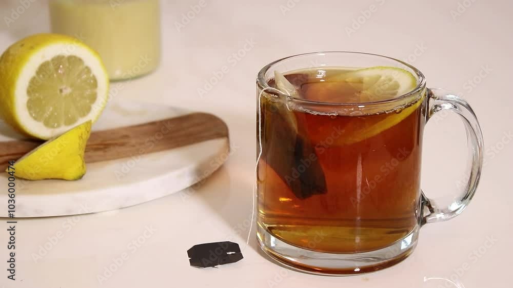 Hot tea with fresh lemon and honey on white table Hot tea with fresh lemon and honey on white table