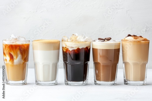 Five different types of iced coffee in glass cups, arranged in a row on a white surface.