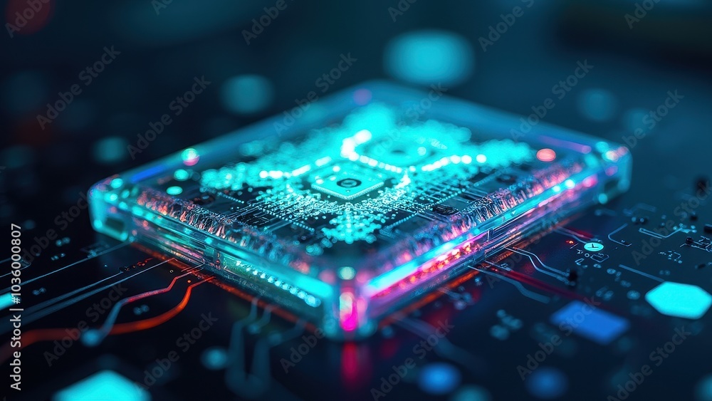 Glowing Metal Chip on Circuit Board Surface Glowing Metal Chip on Circuit Board Surface